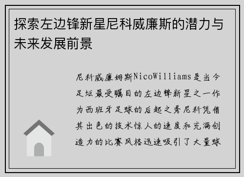 探索左边锋新星尼科威廉斯的潜力与未来发展前景
