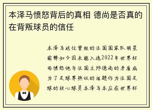 本泽马愤怒背后的真相 德尚是否真的在背叛球员的信任